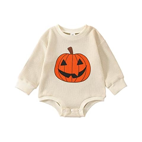 Himllauen Baby Halloween Romper Girls Boys Romper Long Sleeve Pumpkin Pattern Jumpsuit My First Halloween Romper Bodysuit(Apricot, 6-12 Months) Cover