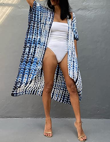 Image of Bsubseach Stylish Tie Dye Open Front Long Kimono Swimsuit Coverup for Women