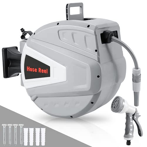 Gimisgu Enrouleur de tuyau de jardin 30 + 2 m, avec 9 motifs de buses, verrouillage de longueur au choix, arceau pivotant à 180°, enrouleur de tuyau...