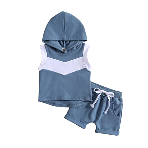 Ynibbim 2pcs Toddler Boy Summer Clothes Infant Baby Casual Hooded Sleeveless Vest Tops Drawstring Shorts Outfits (E - Contrast Blue, 0-6 Months)