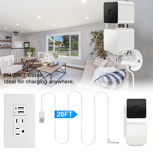 Wall Mount for Wyze Cam Pan V3 with 26FT Charging Cable, Wyze Mounting Kit Including 90 Degree Extension Charging Cable, 360 Degree Adjustable Indoor/Outdoor Ceiling Mount and 20 Wire Clips (White)
