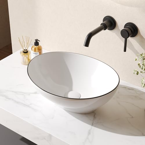 DeerValley Lavabo de Salle de Bain Vasque à Poser Ovale en Céramique Blanche Forme Ovale Moderne, Vasque de Comptoir avec Bord Noir