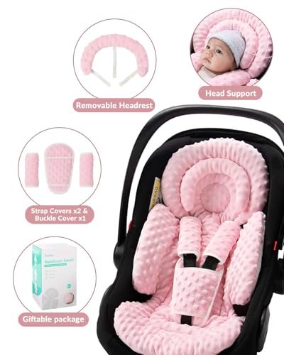 Image of TinlyFinly Infant Car Seat Insert with Extra Cushion for Preemie to Toddler, Reversible Newborn Carseat Insert for Baby Head Body Support, Fits for Stroller, Baby Swing, Bouncer - Dots, Pink