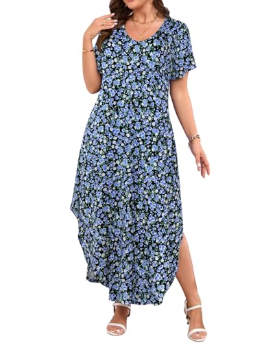Image of JollieLovin Womens Plus Size Casual Summer Maxi Long Dress Short Sleeve T-Shirt Loose Sun Dress(L-5X)
