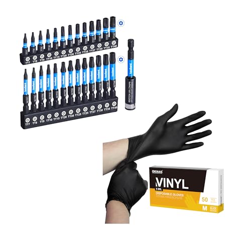 Image of 【Precision & Protection Kit】27pcs Torx Bit Set + 5 Mil Thick Black /Pink Vinyl Gloves, 50 Count