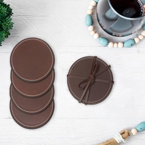 4PC Round Genuine Leather Coasters Tan by ih casa décor - Used condition - Image 2