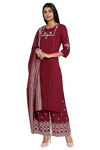Image of Wishful By W Women Maroon Solid Straight Kurta-Parallel Pants-Dupatta Set