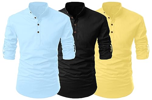 Image of FINIVO FASHION Combo of Men's Cotton Blend Solid Regular Fit Full Sleeve Straight Short Kurta Shirt, Casual and Formal Wear