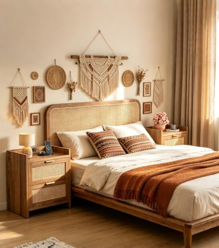 Image of WLIVE Rattan Nightstand Set of 2 with Charging Station, Boho Bedside Table