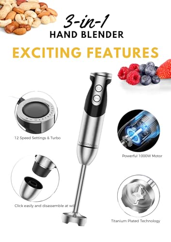 MegaWise High-Power Hand Blender – 3-in-1 Set with Blender Stick, Whisk & Frother, 12-Speed + Turbo, Ergonomic Design, BPA-Free, Easy to Clean – Ideal for Smoothies, Milk, Baby Food & More (Black) - Image 3