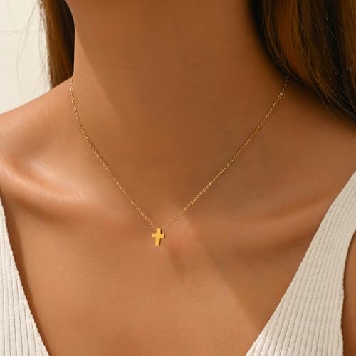 18K Gold Plated Sideways Cross Necklace for Women Stainless Steel Dainty Tiny Cross Pendant Necklace Minimalist Simple Jewelry2