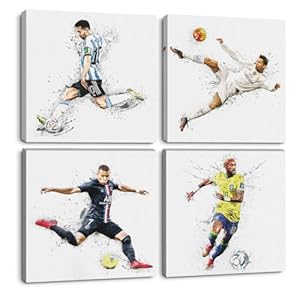 4PC Canvas Wall Art Framed Art Famous Soccer Superstar Room Decor Inspirational Sports Paintings Soccer Gifts Wall Decor Prints Picture for Boys Room Bar Gym Playroom Home Decor 7.9×7.9 inch