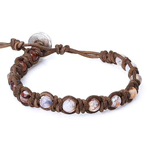 KELITCH Natural Leather Wrap Bracelet Agate Crystal Skull Mix Beaded Bracelet for Women Men Strand Bracelets New (Coffee 2F)