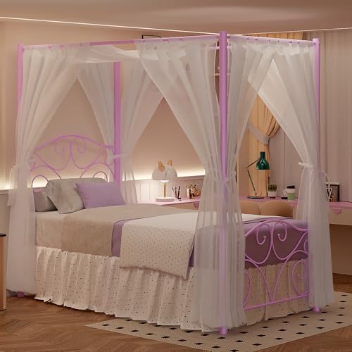 Image of VECELO Metal Canopy Bed Frame Twin Size, 4 Posters Platform Mattress Foundation with Headboard, Heavy Duty Steel Slats Support, No Box Spring Needed, Purple