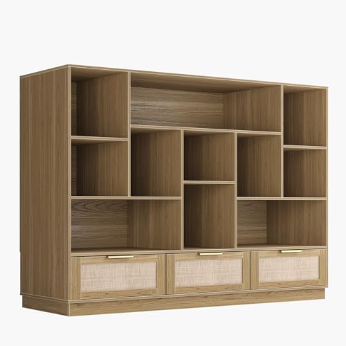 Image of Perledesign Bookshelf and Bookcase with 3 Drawers, 4-Tier Rattan Wide Bookshelf with Storage, Floor Standing Display Storage Shelves, Wooden Book Shelf for Home Office, Living Room, Natural Oak