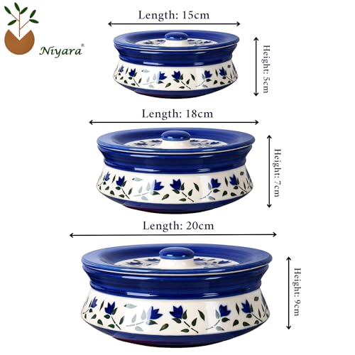 Image of Niyara Premium Ceramic Casserole /Donga Set with Lids - Handcrafted Serving Bowls for Hot Food, Microwave & Dishwasher Safe - Set of 3, Sizes: 1000ML, 650ML, 550ML (Blue leaf design)