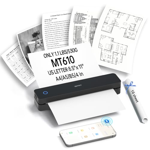 iDPRT Tragbare Drucker Wireless für Reisen,MT610 Mini Thermodrucker A4,Bluetooth Drucker für Reisen,Zuhause,Studium,Wireless Drucker für den Heimgebrauch Kompatibel mit iOS,Android und PC,Schwarz