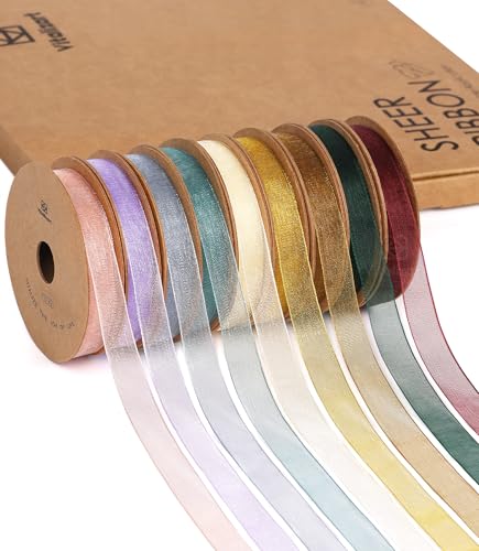 Vitalizart Cinta de Organza de 0,95 cm x 82,3 m en Colores Oscuros, 9 Rollos x 9,14 m, Cinta Decorativa para Envolver Regalos, Manualidades, Lazos para Árboles de Navidad, Invitaciones de Boda