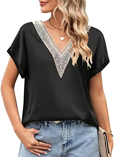ANGGREK Women's Satin Silk Short Sleeve Blouses Guipure Lace V Neck Top Summer Tunic Tops Loose Fit Shirts