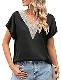 ANGGREK Women's Satin Silk Short Sleeve Blouses Guipure Lace V Neck Top Summer Tunic Tops Loose Fit