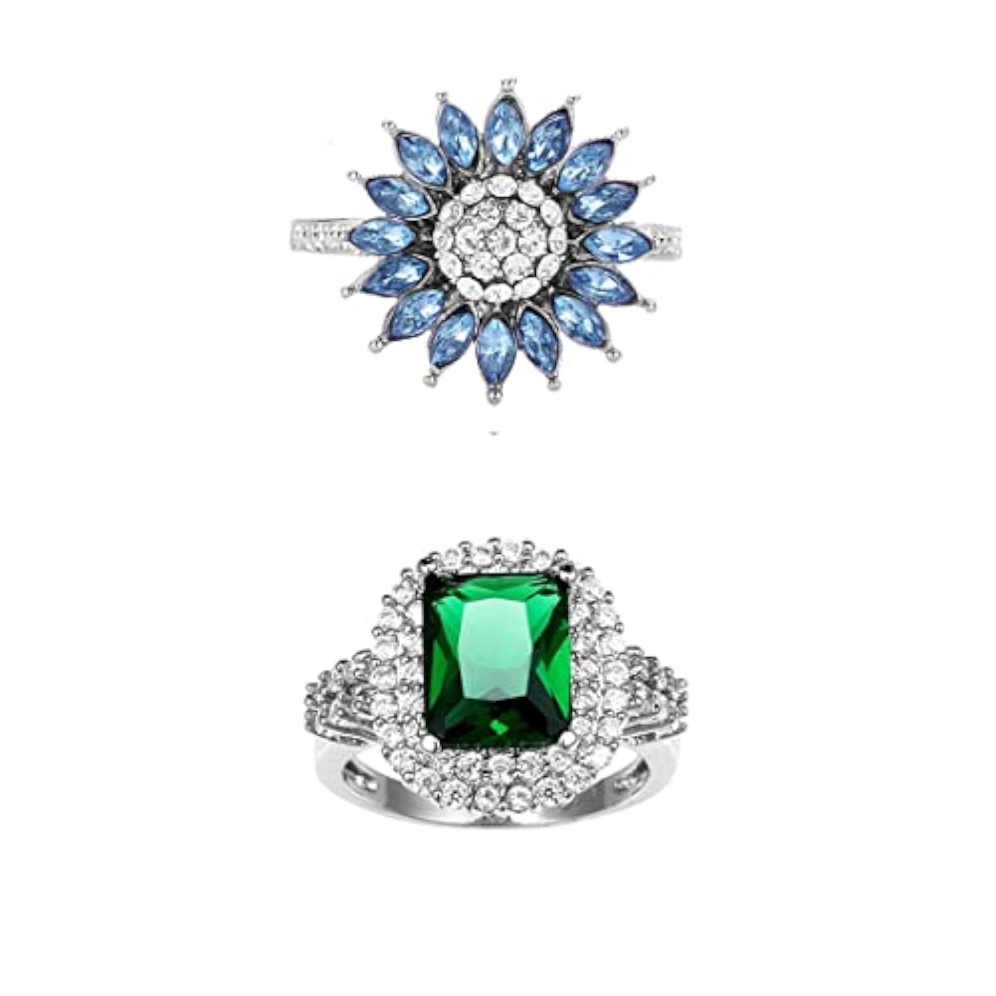 2pc Rhodium Plated Blue Green Crystal Studded Rings Set