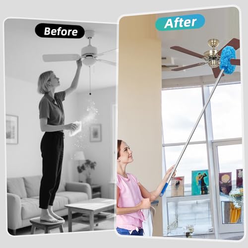 Image of DRQ Ceiling Fan Cleaner, 2 Pack Reusable Microfiber Duster with Extension Rod, 13 to 48 Inch Fan Blade Cleaner, Removable Duster for Cleaning Walls