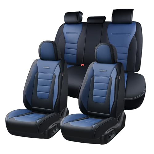 Image of Coverado Car Seat Covers Full Set, Nappa Leather Seat Covers for Cars, Car Seat Protector Car Seat Cushion, Front and Back Seat Protectors Cushions Universal Fit for Most Cars Vehicles(Black&Blue)