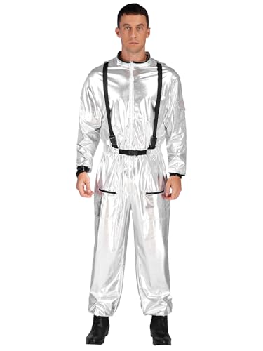 Fldy Disfraz de astronauta para mujer, hombre, espacio exterior, metálico, mono para Halloween, carnaval, disfraz, fiesta espacial, cosplay, color plata/azul, talla S