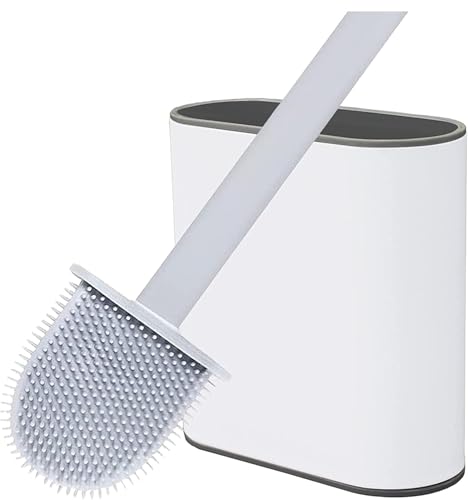 Image of ROKTRY 2 Pack Toilet Brushes & Holders Silicone Soft Bristles Flexible Toilet Brush Set, Non-drip Bathroom Cleaning Brush Holder, Non Slip Handle Hygienic Rubber Toilet Brush Silicone (2 Pack, White)