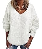 ORANDESIGNE Damen Pullover Winter Elegant Festlich Strickpullover V-Ausschnitt Langarmshirt Casual Pullover Warm Langarm Oberteile Strick Sweater Elegant Herbst Sweatshirt Jumper Weiß M