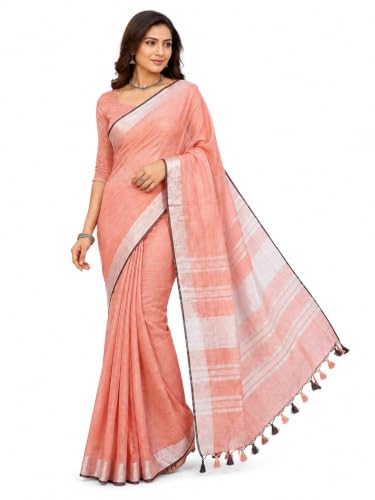Image of HAIDER ALI AND SONS Grey Cotton Linen Saree for Women | Soft Linen Slub Blend Saree with Running Blouse Piece | Lightweight Handloom Style Saree | Office, Casual, Party & Festival Wear