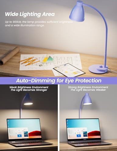Image of BOHON LED Desk Lamp with USB Charging Port, 3 Color Modes Dim, Lilac Purple | Reading Lamp, Auto Dimming Task Lamp, Flexible Neck Table Light for Office Dorm Bedside, Adapter Include
