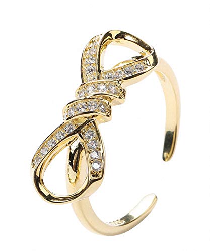 Lotus Fun S925 Anillo de plata de ley con elegante dorado, mariposa y nudos, circonita, anillo de cola, anillo ajustable, joya de temperamento para mujeres y niñas