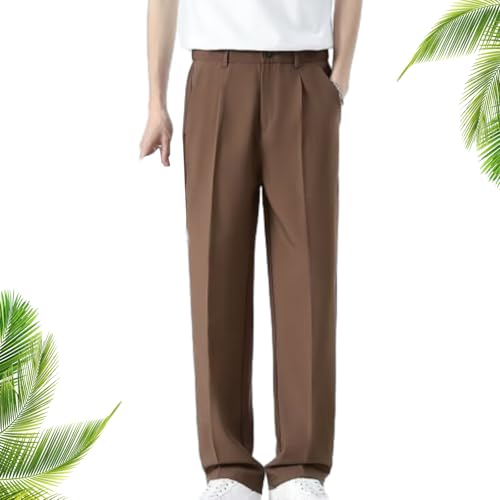 Ice Silk Comfort Stretch Pants for Men Over 50, Casual Elastic Waist Pull On Work Slim Fit Straight Leg Dress Pants