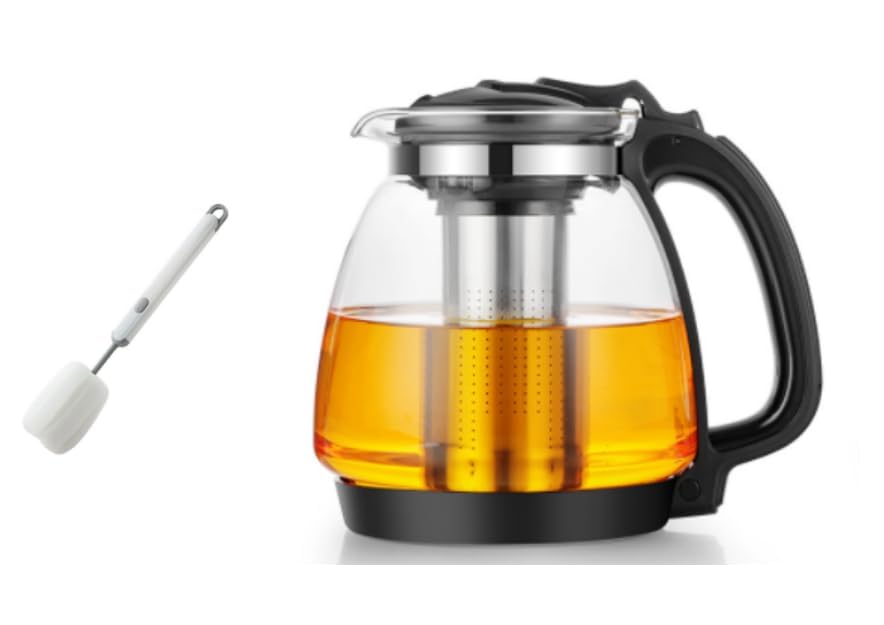 Teekanne Glas 2 Liter Mit Siebeinsatz, Edelstahl Filter Sieb, Bürste - Für Schwarztee, Grüntee und Kräutertee