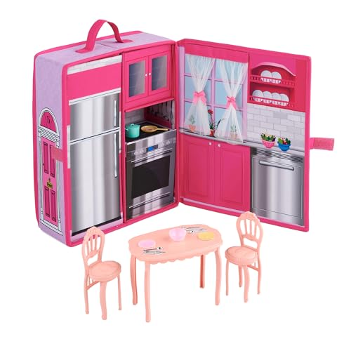Badger Basket Portable Doll Kitchen Set for 12 Inch Dolls – Includes Oven, Fridge, Table, Chairs & Accessories