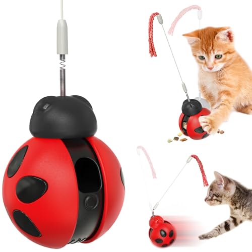 KONOATOR Dispenser interattivo per gatti da interni, mangiatoia a puzzle oscillante con bacchetta teaser a molla, dispenser di cibo lento per alleviare la noia (adorabile design a coccinella)