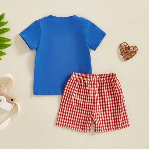 Image of 4th Of July Toddler Boy Outfit Popsicle American Flag T-Shirt and Gingham Plaid Shorts Set Independence Day Clothes