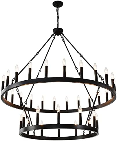 Yikrfiae Black Wagon Wheel Chandelier 2 Tier 36-Lights 48 Inch Extra Large Farmhouse Pendant Light Fixture, Round Rustic Hanging Lighting for Dining Room Kitchen Island Foyer Entryway