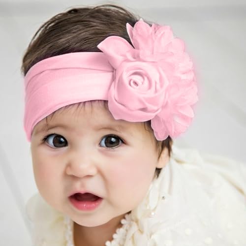Newborn Headbands, 5PCS Elastic Breathable Nylon Baby Headbands with Chiffon Rose for Baby Girls Newborn Infant Toddlers Kids2