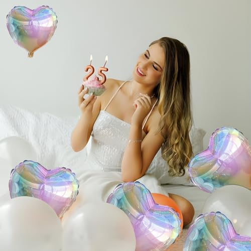 Image of Silver Glitter Heart Ballloons,18 Inch Bright Foil Love Heart Shaped Balloons 6Pcs Silver love balloon for Baby Shower Birthday Party Wedding Engagement Valentines Day Decorations