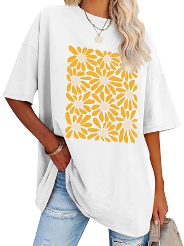 Dresswel Oversized T Shirts for Women Daisy Botanical Floral Graphic Print Tshirt Womens Crew Neck Short Sleeve Oversize Loose Tees Summer Tops
