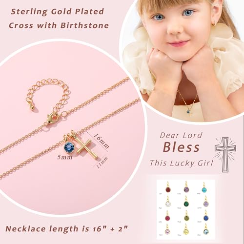 14K Gold Plated Sterling Birthstone Cross Necklace for Girls Kids Hypoallergenic First Communion Baptism Confirmation Gifts for Teenage Girls Age Daughter2