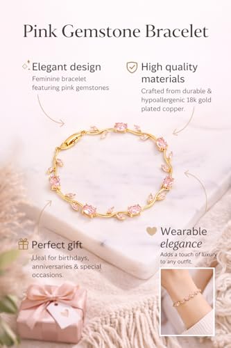 Image of VIEN Gold Plated Pink Crystal Bracelet for Women Elegant Floral Tennis Bracelet Adjustable Lightweight Fashion Jewelry Gift for Girls Birthday Anniversary Wedding