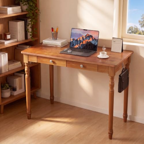 Image of 100% Solid Wooden Desk with Drawers - 39.4 inch Mid Century Modern Desk with 2 Hooks, Vintage Writing Desk with Drawers, Simple Work Study Table for Bedroom & Home Office - Walnut Color