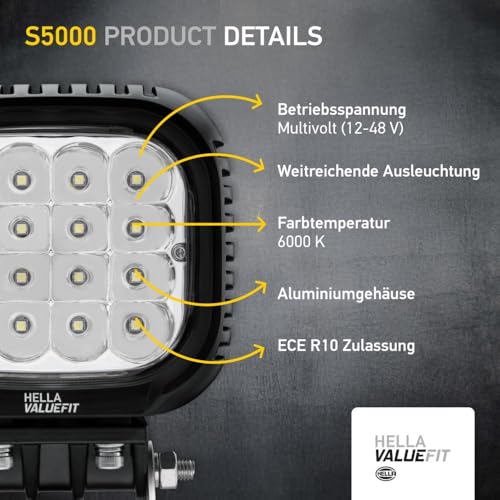 HELLA Valuefit 1GA 357 109-211 LED-Arbeitsscheinwerfer S5000-12/24V - 5000lm - Anbau - Bügelsystem - weitreichende Ausleuchtung - Kabel: 0.8m - Stecker: DEUTSCH Stecker - Menge: 1