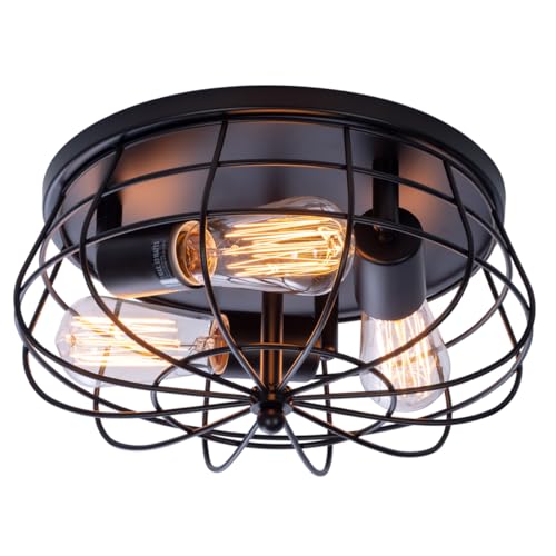 VILUXY Industrial Black Semi Flush Mount Ceiling Light 3-Light Rustic Ceiling Lamp Fixture with...