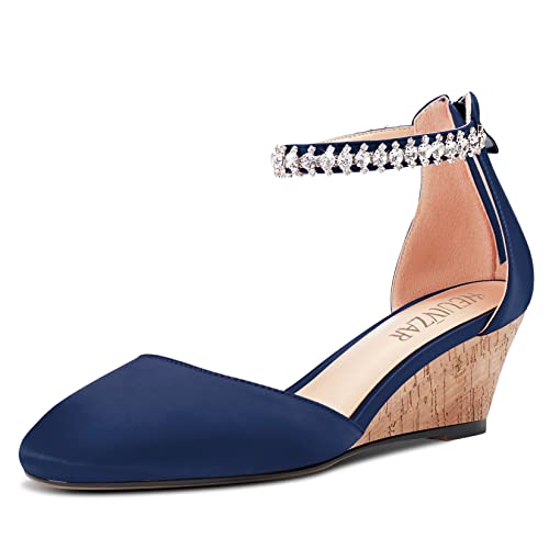 HEUIVZAR Wedge Pumps for Womens Ankle Strap Closed Square Toe Low Chunky Block Heel Satin Comfort Dress Shoes 2 Inch