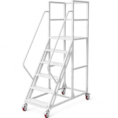 Image of 6 Step Rolling Ladder with Handrails, 1100 lbs Capacity Heavy Duty Mobile Warehouse Ladder with Wheels, Industrial Steel Non-Slip Rolling Stairs with Large Platform, for Garage Stockroom Library