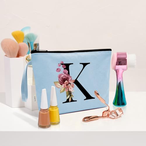 Image of Vavabox A-Z Personalized Makeup Bag, Birthday Gifts for Women Mom, Gifts for Best Friend, Bride Bridesmaid Cosmetic bag (K, Blue)
